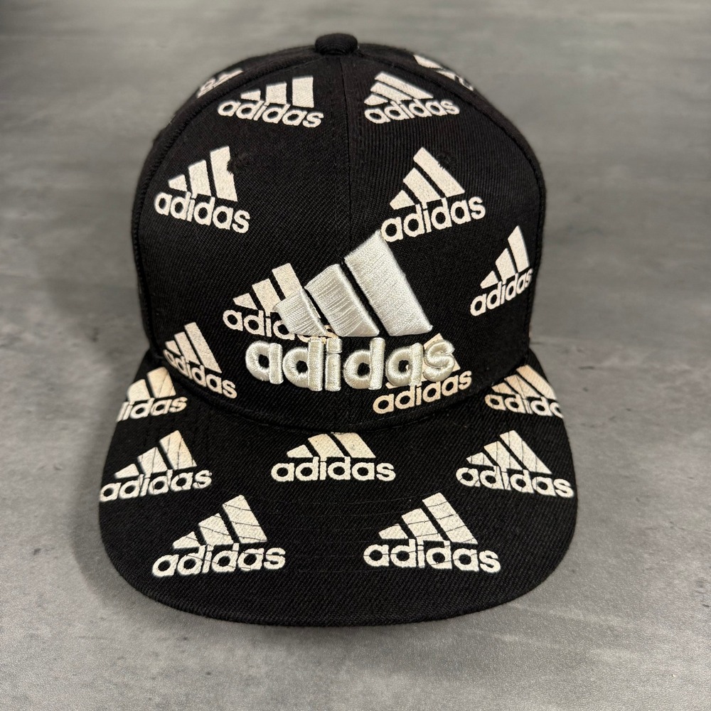 Vintage Adidas‎ Snapback Hat Black White All Over Print 90s Y2K Soccer Football